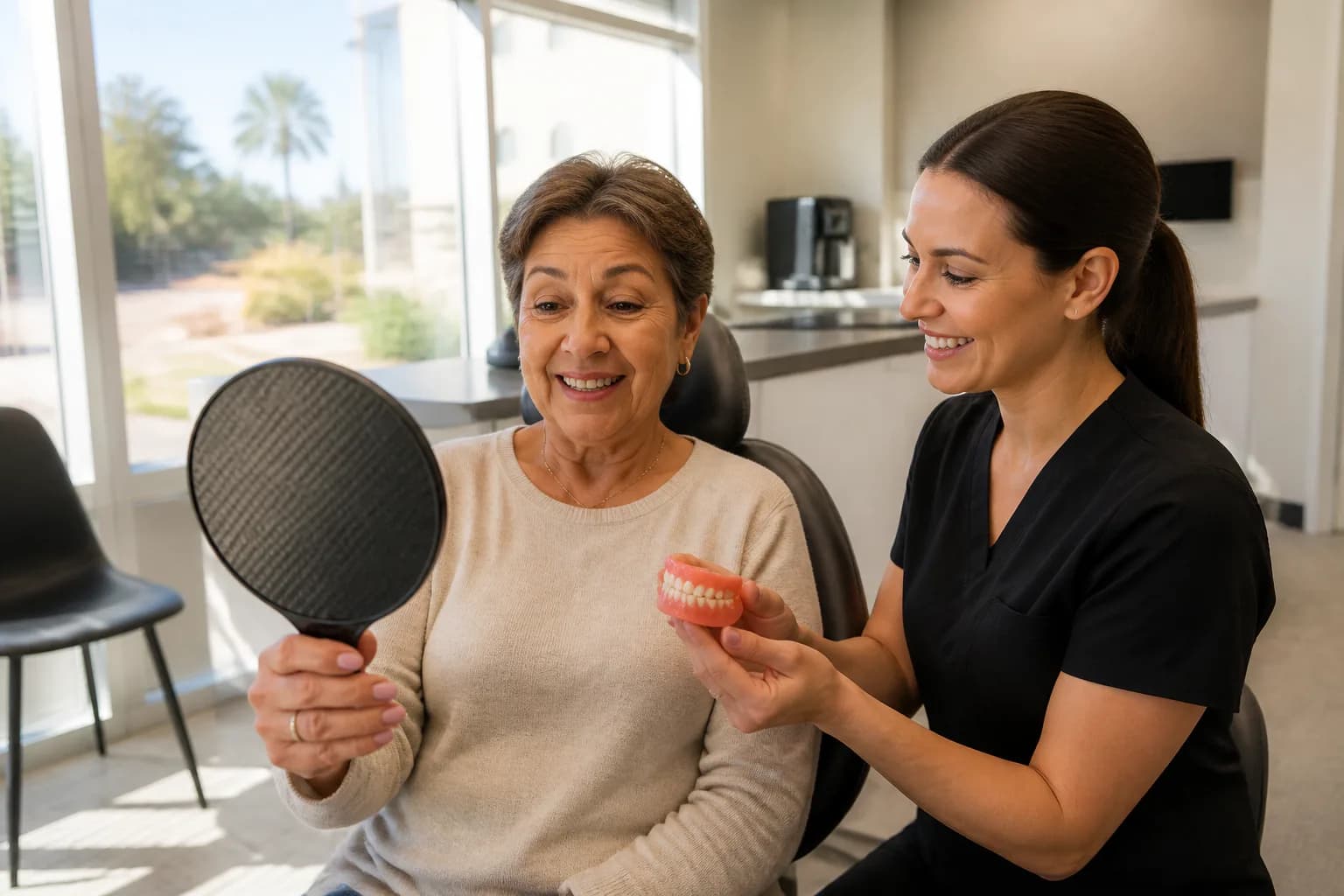 Patient reviewing a removable denture option with the Arizona Biltmore Dentistry team