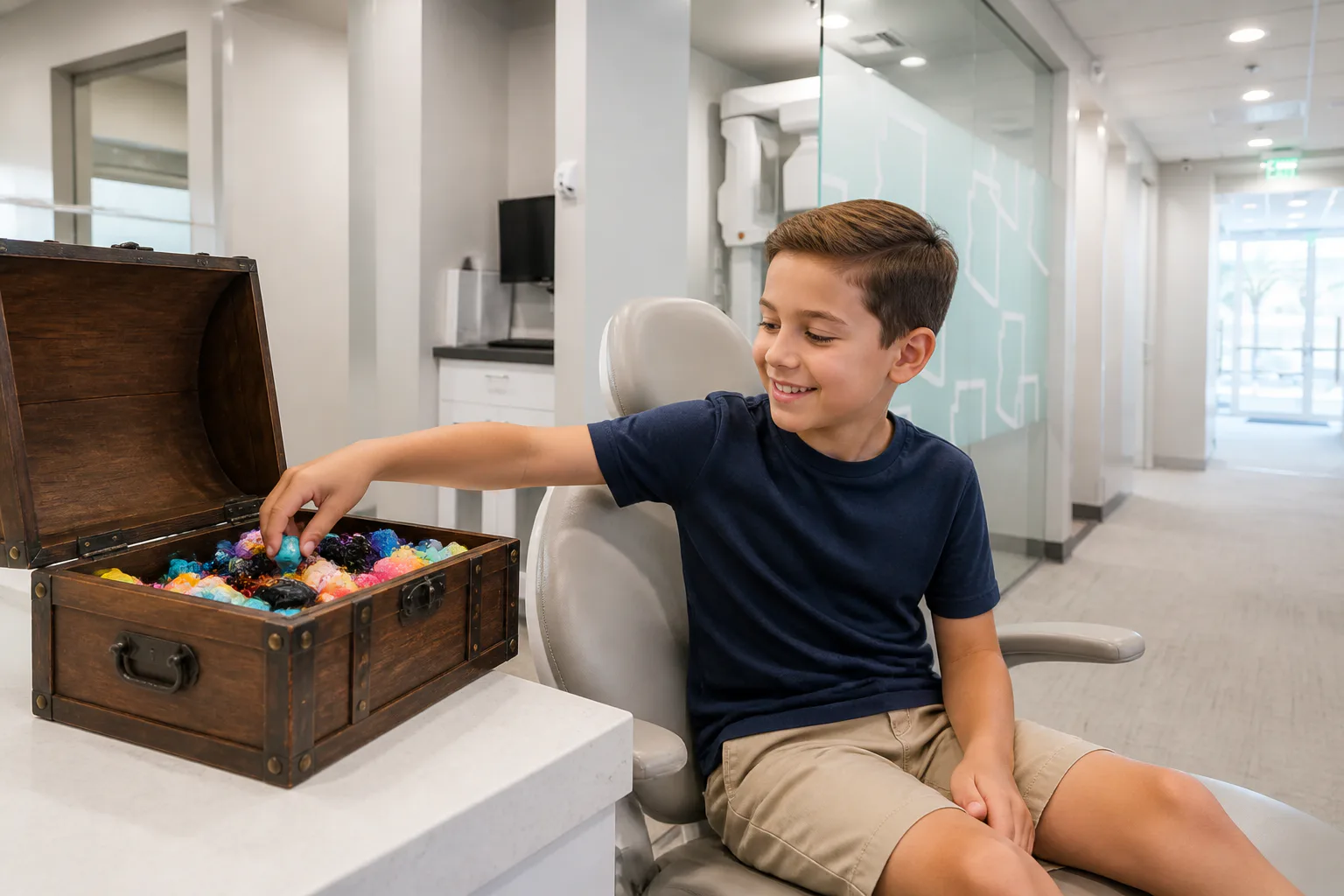 Smiling child choosing a toy from the treasure box after a pediatric dental visit