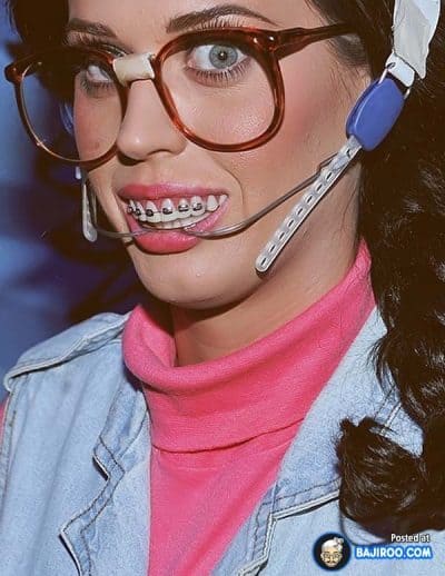 Funny shot of woman wearing outdated braces