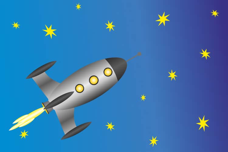 Drawing of a silver rocket with 3 yellow windows shooting across a blue sky with yellow stars