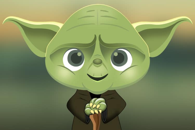 Drawing of a green smiling Yoda from the Star Wars universe, with big ears, no hair, a cane, and brown robes