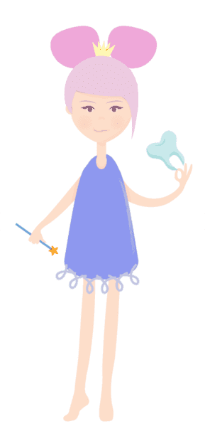 Clip art of the American Tooth Fairy with a purple dress, wand, crown, and a lost baby tooth in her hand