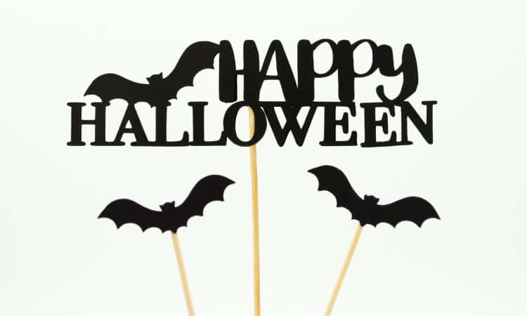 3 wooden sticks hold up 3 black bats and the greeting Happy Halloween in black letters